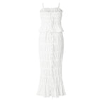 2PCS White Ruffle Camisole + High Waist Long Skirt