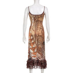 Retro Brown Lace V Neck Maxi Dress