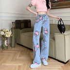 Flower Print Blue Denim Jeans
