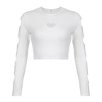 Heart Cut Out Retro White Long Sleeve T-shirt Crop Top Streetwear Summer Aesthetic Casual E-Girl Kawaii Korean Japanese Harajuku