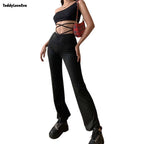 Cute Sexy Black High Waisted Thin Bandage Wrap Tie Pant Trousers Joggers E-Girl Kawaii Korean Japanese Harajuku Chinese Retro Streetwear Aesthetic