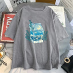Cute Milk Box Moonlight Waves Print Crewneck Oversized Short Sleeve Shirt Aesthetic Casual E-Girl Kawaii Korean Japanese Harajuku