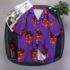 Summer Pink Purple Devil Print Button Down Casual Loose Short Sleeve Tee Shirt T-shirt Top E-Girl Kawaii Korean Japanese Harajuku Streetwear