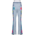 Cute Vintage Flower Patchwork High Waisted Denim Jean Trouser Pants Indie Punk Aesthetic Casual Summer E-Girl Kawaii Korean Japanese Harajuku