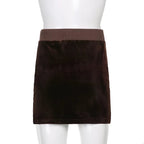 Cute Sexy Brown Rhinestone Crystal Heart Velvet Slit Low Waisted Mini Skirt Bottoms Aesthetic Casual Summer E-Girl Kawaii Korean Japanese Harajuku