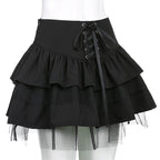 Cute Black Goth Lace Up High Waisted Ruffle Skirt Punk Bandage A-line Lace Trim Tutu Casual E-Girl Kawaii Korean Japanese Harajuku Streetwear