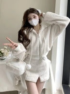 2PCS White Soft Zipper Hoodie + Split Mini Skirt