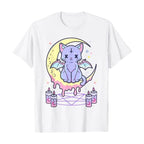 Cute Pastel Black Cat Witch Magic Moon Print Short Sleeve T-shirt Goth Punk Aesthetic Casual E-Girl Kawaii Korean Japanese Harajuku