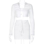 Cute 2pcs Set Ribbed Lace Up Hollow Out Crop Top Cardigan + Mini Skirt Bodycon Summer Aesthetic Casual E-Girl Kawaii Korean Japanese Harajuku