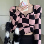 Pink & Black Checkboard Knit Sweater