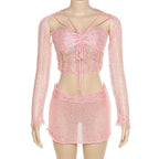 2PCS Pink Sequin See Through Hollow Out Top + Skirt Set