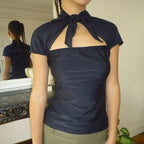 Pink Tie Up Collar Cut Out Blouse