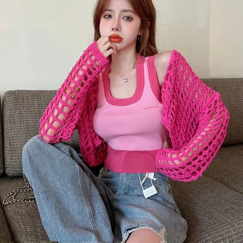 2PCS Pink Crochet Smock + Tank Top
