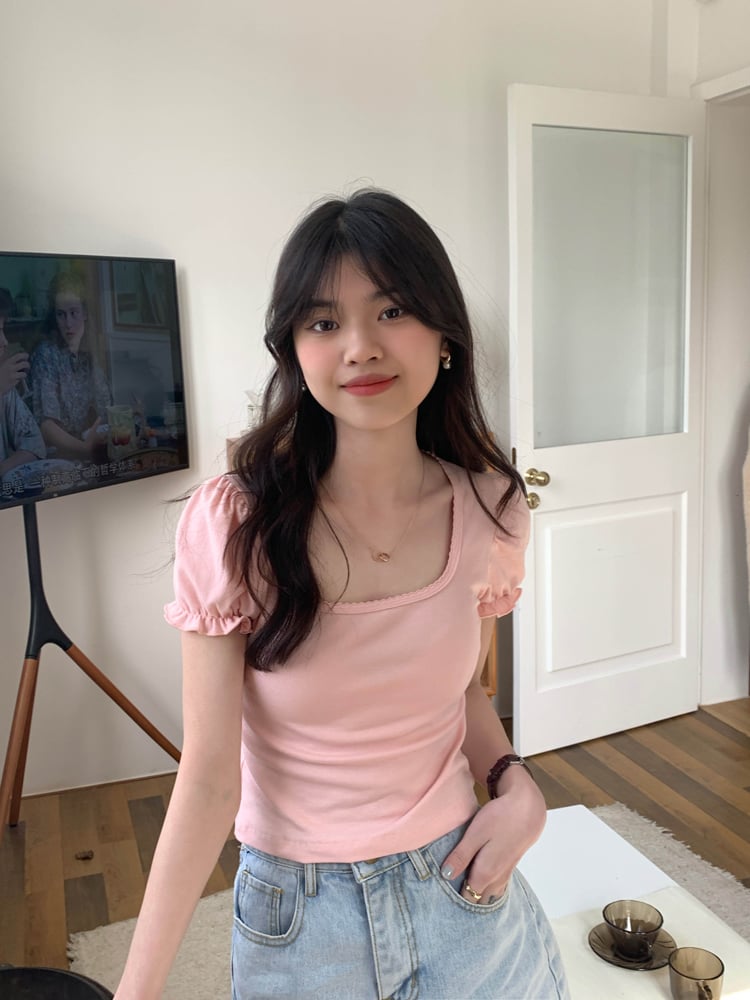 Pink Puff Sleeve Square Collar Top