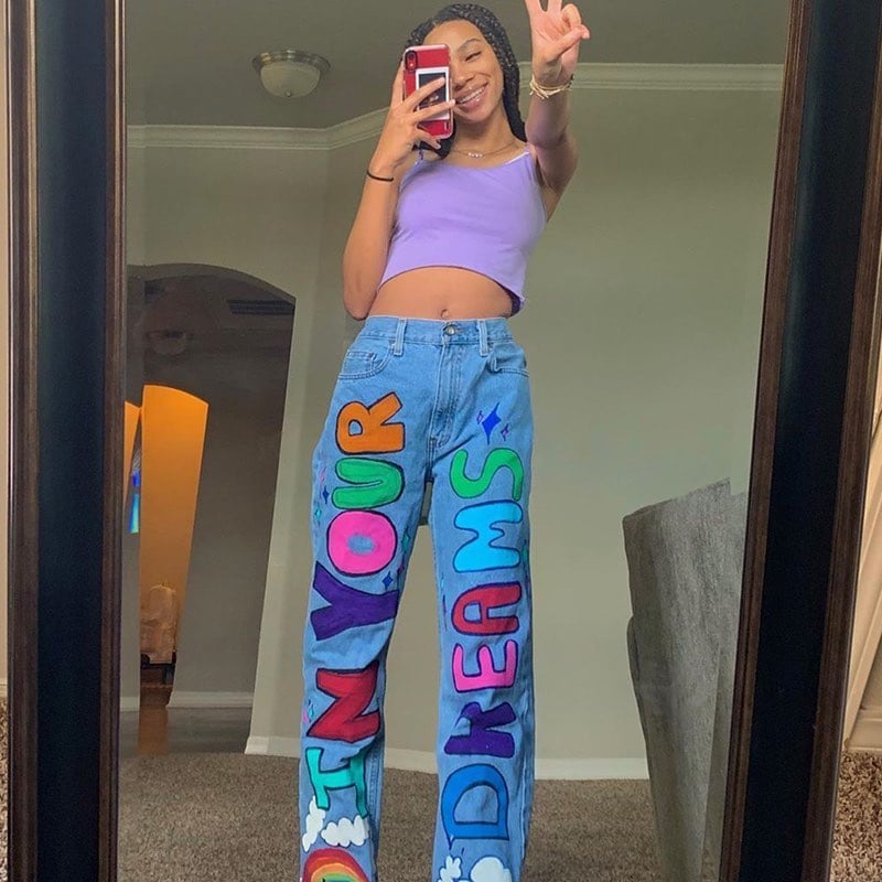 Cute Vintage 90s Rainbow Colorful Print Denim High Waisted Wide Leg Baggy Pants Punk Goth Aesthetic E-Girl Kawaii Korean Japanese Harajuku Streetwear
