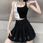 Cute Sexy Black White Patchwork Print Tank Crop Top Sleeveless Shirt Punk Bodycon Aesthetic Goth E-Girl Kawaii Korean Japanese Harajuku Streetwear