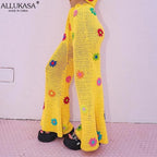 Cute Flower Knit Crochet Net Sheer Wide Leg Pants Long Boho Trousers Aesthetic Casual Summer E-Girl Kawaii Korean Japanese Harajuku