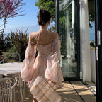 Rose Watercolor Off Shoulder Puff Sleeve Dress