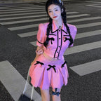 2PCS Pink Plaid Lapel Bow Puff Sleeve Crop Top + Mini Skirt