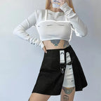 Cute Kpop Patchwork Buckle Cross Split High Waist Mini Skirt Goth Punk Streetwear Summer Aesthetic Casual E-Girl Kawaii Korean Japanese Harajuku