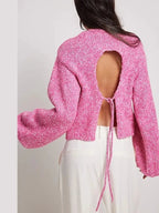 Pink Knit Backless Lace Up Sweater