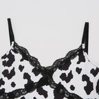 Cute Sexy Cow Print Patchwork Lace Tank Crop Top Shirt Tee T-shirt Club E-Girl Kawaii Korean Japanese Harajuku Chinese Retro Streetwear Aesthetic