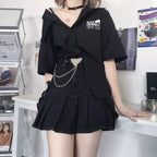 Cute Black Heart Bow Pocket Denim Mini Skirt High Waisted Pleated Aesthetic Goth Casual Summer E-Girl Kawaii Korean Japanese Harajuku