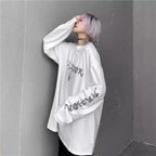 White Dark Anime Girl Cartoon Print Long Sleeve White T-Shirt Oversize Loose Vintage Goth Aesthetic E-Girl Kawaii Korean Japanese Harajuku Streetwear