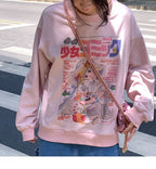 White Vintage Anime Girl Cartoon Print Graphic Long Sleeve Sweatshirt Sweater Pullover Jumper Causal E-Girl Kawaii Korean Japanese Harajuku Streetwear