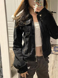 Black Denim Turn Down Collar Jacket