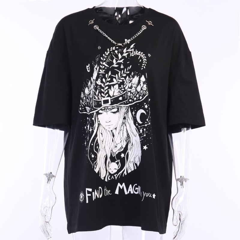 Black Goth Vintage Magic Witch Print Loose Oversized Short Sleeve Short T-shirt Top Causal Punk E-Girl Kawaii Korean Japanese Harajuku Streetwear