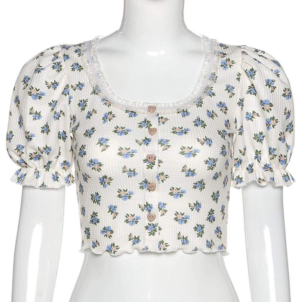 Sweet Floral Print Puff Bell Sleeve Short T-shirt Button Round Neck Crop Top Summer Aesthetic Casual E-Girl Kawaii Korean Japanese Harajuku