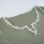 Green Lace Split Patchwork Long Sleeve T-shirt
