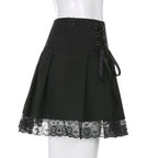 Black Bow Lace Up Pleated Mini Skirt