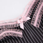 Cute Sexy 90s Black Pink Lace Trim Striped V Neck Mini Dress Dark Academia Aesthetic Goth E-Girl Kawaii Korean Japanese Harajuku Streetwear