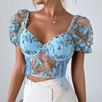 Butterfly Embroidery Puff Short Sleeve Top