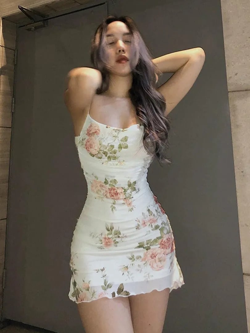 Floral Mesh Ruched Bodycon Dress