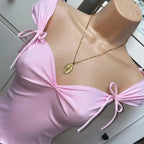 Pink Bow Square Neck Ruched Crop Top