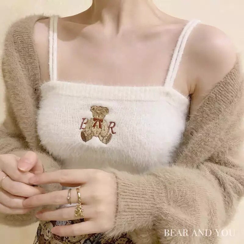 Bear Embroidery Knit Crop Top Spaghetti Strap Tank Sleeveless Shirt Summer Aesthetic Casual E-Girl Kawaii Korean Japanese Harajuku