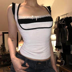 White & Black Patchwork Lace Square Neck Top