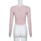 Pink Lace Patchwork Button Crop Top