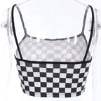 Cute Sexy Black White Checkered Plaid Tank Cami Crop Top Shirt Tee T-shirt E-Girl Kawaii Korean Japanese Harajuku Chinese Retro Streetwear Aesthetic
