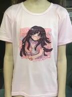 Cute Sweet Vintage Black Anime Girl Cartoon Print Short Sleeve Shirt Oversize Loose T-shirt Top Goth E-Girl Kawaii Korean Japanese Harajuku Streetwear