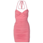 Pink Pleated Halter Bodycon Mini Dress