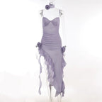 Purple Glitter Flower Frill Split Midi Dress