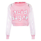 Pastel Pink Acid Holographic Laser Transparent Crop Top Long Sleeve Tee Shirt T-shirt Top Sweatshirt E-Girl Kawaii Korean Japanese Harajuku Streetwear