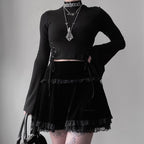 Cute Sexy Goth Black Cross Skirt Vintage Lace Trim A-Line Grunge Punk High Waist Ruffle Summer E-Girl Kawaii Korean Japanese Harajuku Streetwear