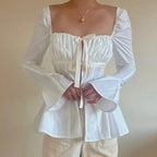 Square Collar Lace Up Flare Sleeve Shirt
