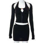 Black Hollow Out Tank Top + Sleeve + Mini Skirt Set