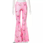 Pink Butterfly Low Waist Flare Bell Bottom Pants Rave Festival Aesthetic Casual E-Girl Kawaii Korean Japanese Harajuku